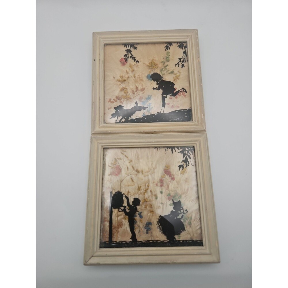 Pair of Vintage Glass Milkweed/ Wildflower Framed Silhouettes- Children Playing